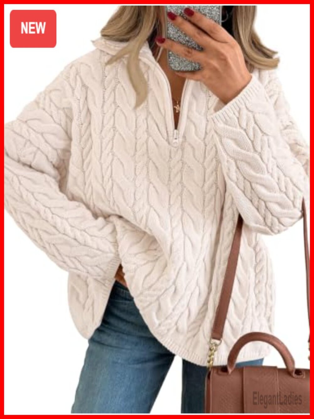 Oversized Chunky Cable Knit Quarter Zip Pullover Sweater Womens